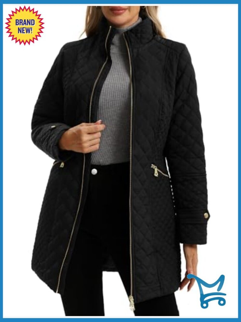 Plus Size Quilted Lightweight Jacket Long Stand Collar Zip Front Spring Fall - Picture 2 of 7